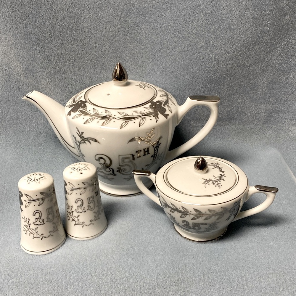 Lefton 25th Anniversary Lefton China Set Teapot Sugar Bowl Salt and Pepper